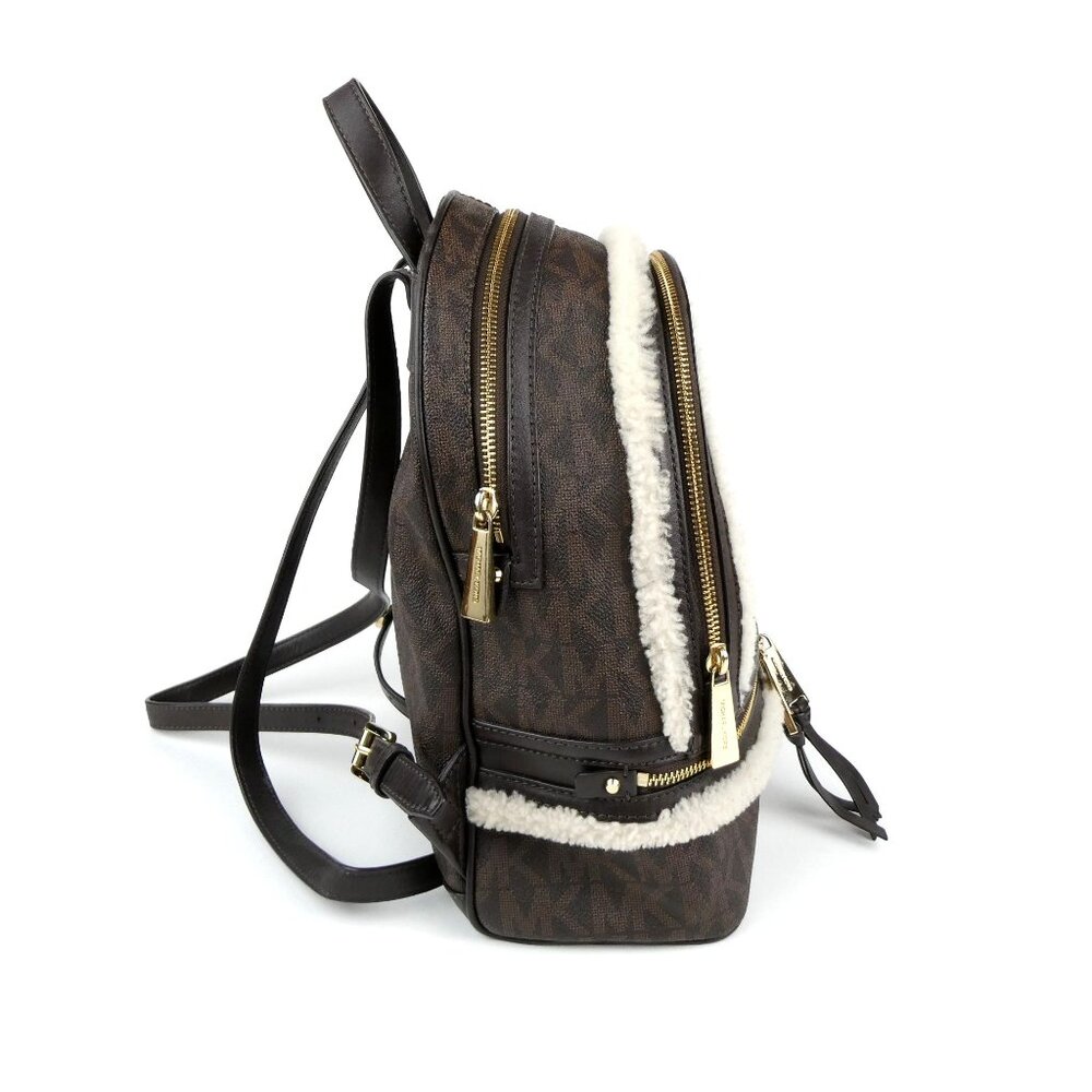 Michael Kors Brown Monogrammed Leather Shearling Trim Mini Backpack - Picture 2 of 16